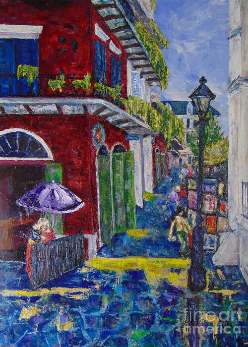 Cityscape Greeting Card featuring the painting The Purple Umbrella    Pirates Alley by Beverly Boulet