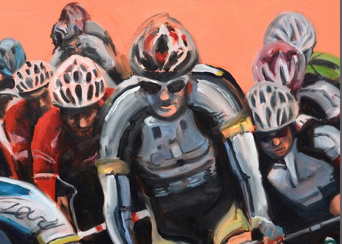 Bike Race Greeting Card featuring the painting The Race by Donna Tuten