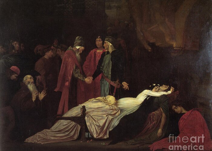 The Reconciliation Of The Montagues And Capulets - Frederic Leighton Greeting Card featuring the painting The Reconciliation of the Montagues by MotionAge Designs
