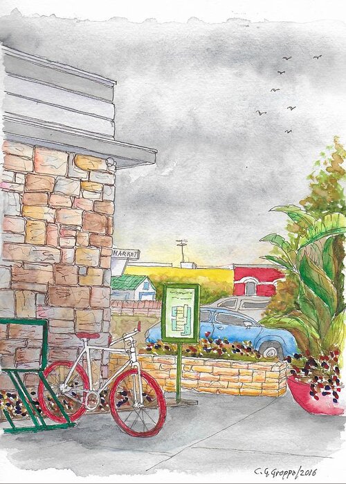 Nature Greeting Card featuring the painting The Red Bycicle in The Farmers Market, 3rd and Fairfax, Los Angeles, CA by Carlos G Groppa