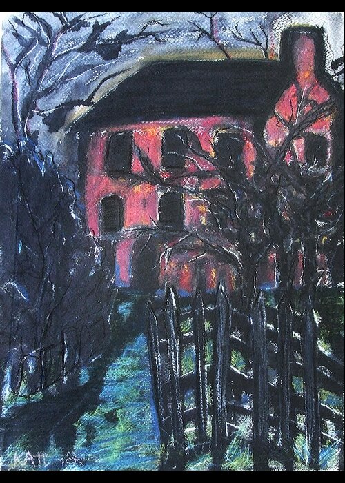 Original Art Pastel Chalk Drawing Red House Tree Fence Greeting Card featuring the pastel The Red House by Katt Yanda