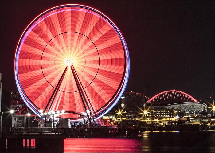 Seattle Greeting Card featuring the photograph The Red Seattle Great Wheel by Matt McDonald