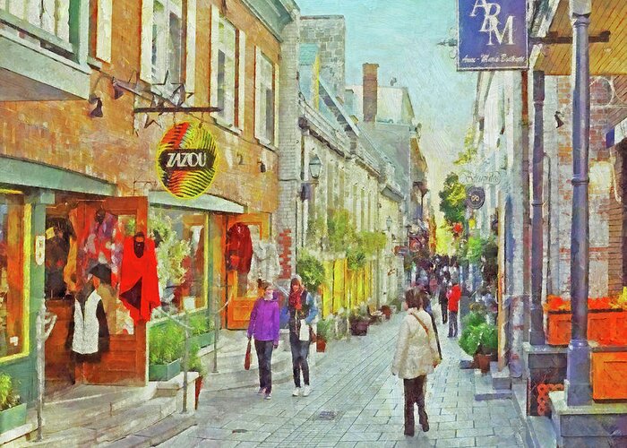Quebec City Greeting Card featuring the digital art The Rue du Petit Champlain in Quebec City by Digital Photographic Arts