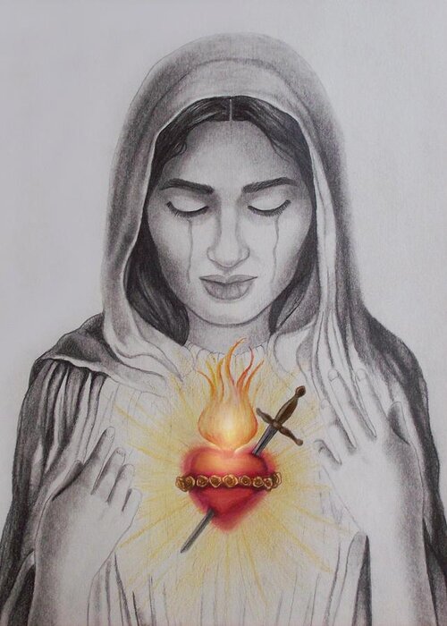 Mary Mother Of Jesus Greeting Card featuring the drawing The Sacred Heart by Amber Stanford