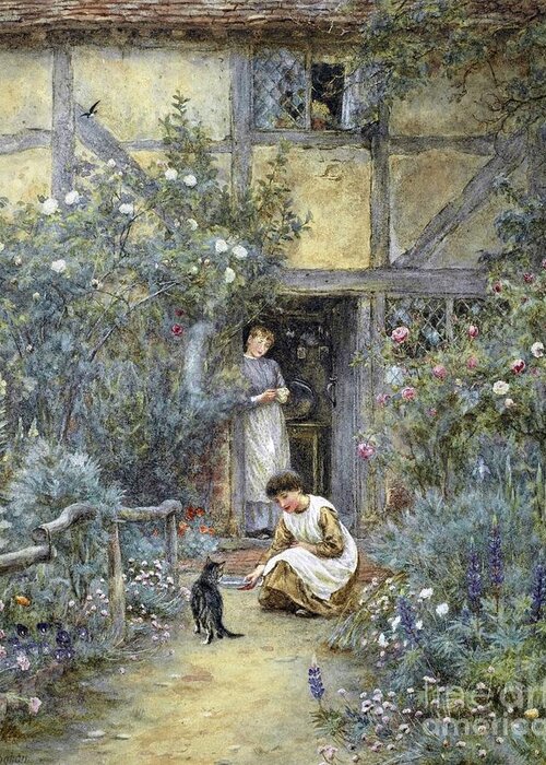 Helen Allingham - The Saucer Of Milk. Beautiful House Greeting Card featuring the painting The Saucer of Milk by Helen Allingham
