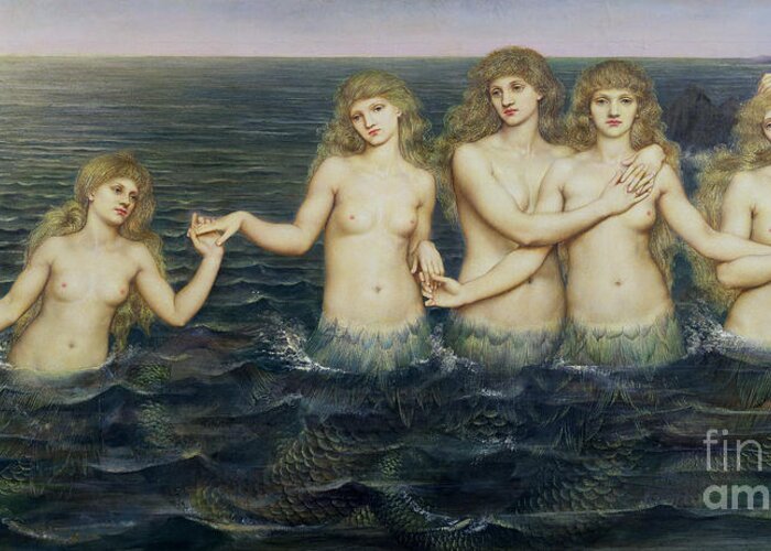 Mermaid Greeting Card featuring the painting The Sea Maidens by Evelyn De Morgan