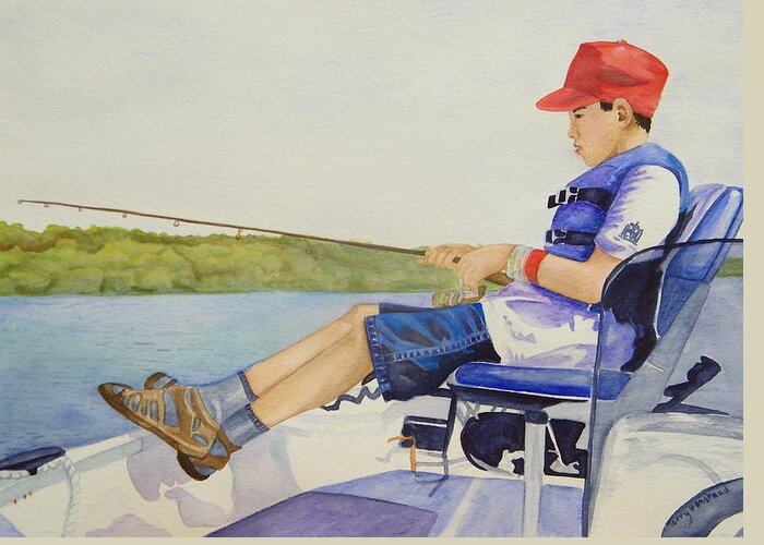 Fish Greeting Card featuring the painting The Serious Fisherman by Terry Honstead