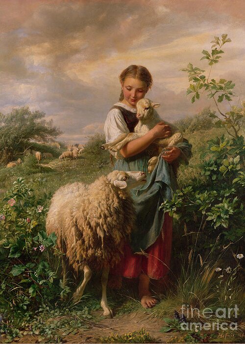 Shepherdess Greeting Card featuring the painting The Shepherdess by Johann Baptist Hofner