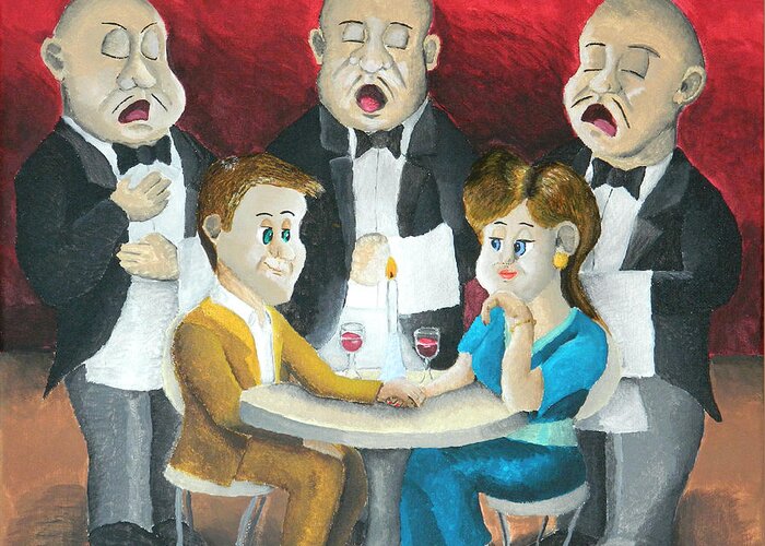 The Singing Waiters Greeting Card featuring the painting The Singing Waiters by Winton Bochanowicz