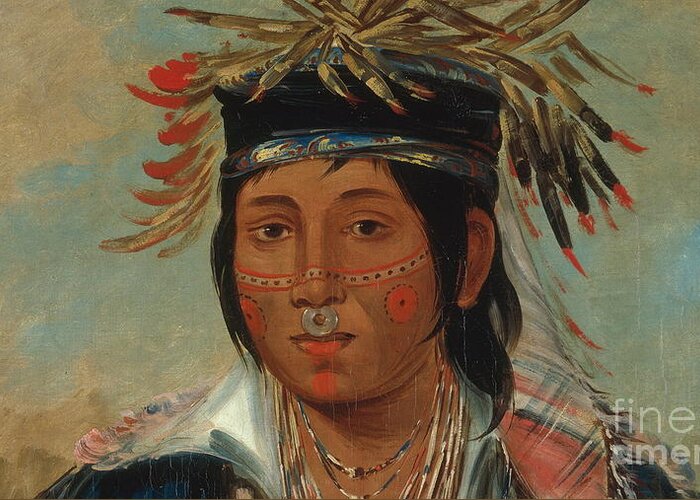 Catlin Sha-c�-pay Greeting Card featuring the painting The Six Chief of the Plains Ojibwa George by MotionAge Designs