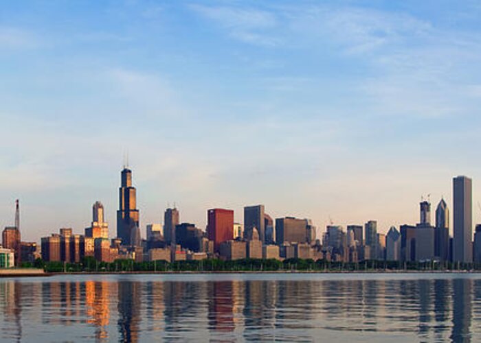 Built Structure Greeting Card featuring the photograph The Skyline of Chicago at Sunrise by David Levin