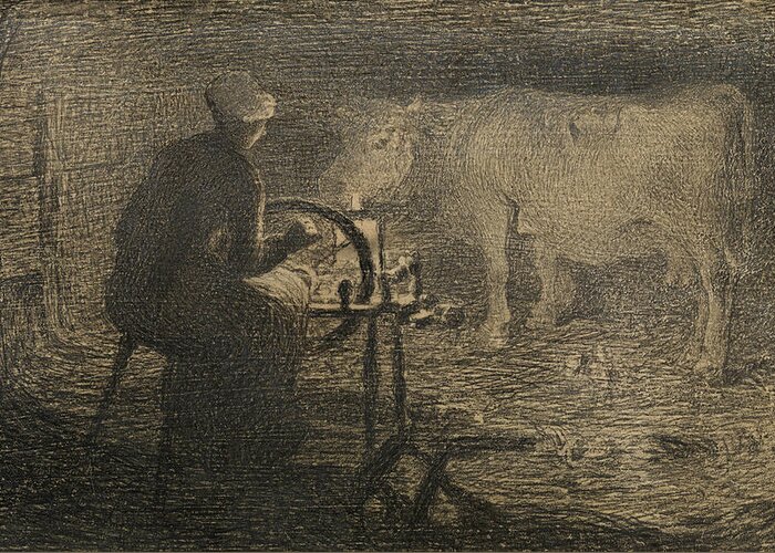 Giovanni Segantini Greeting Card featuring the drawing The Spinning Wheel by Giovanni Segantini