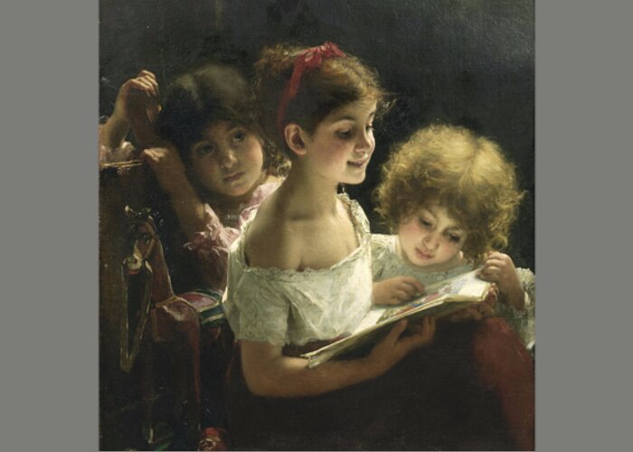 Alexei Alexeevich Harlamoff (russian Greeting Card featuring the painting The story book by Alexei Alexeevich Harlamoff