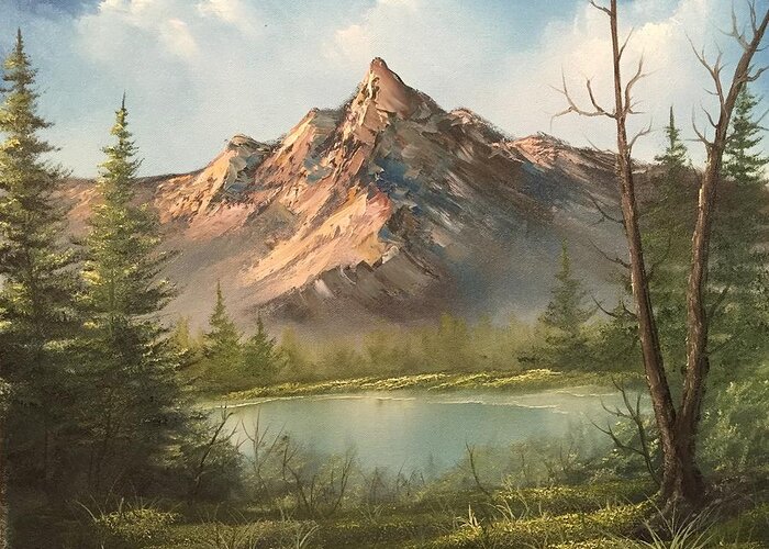 Landscape Mountain Summit Foothill Trees Sky Beauty Clouds Water Lake River Stream Valley Oak Tree Evergreen Pine Greeting Card featuring the painting The summit by Justin Wozniak