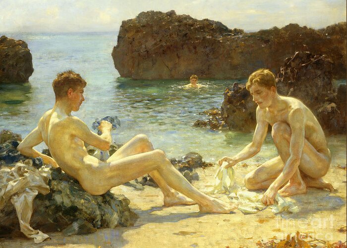 Nude Greeting Card featuring the painting The Sun Bathers by Henry Scott Tuke