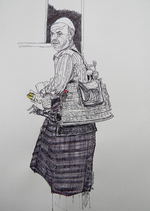 Tea Greeting Card featuring the drawing The Tea Man The Souss Vendor by Marwan George Khoury