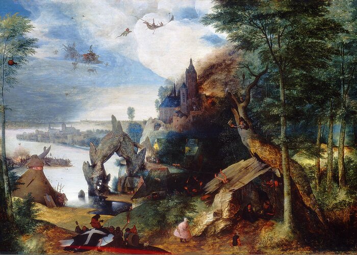 Follower Of Pieter Bruegel The Elder Greeting Card featuring the painting The Temptation of Saint Anthony by Follower of Pieter Bruegel the Elder