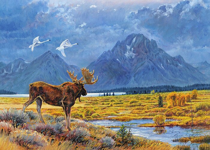 Wyoming Tetons Greeting Card featuring the painting The Teton Trio by Steve Spencer