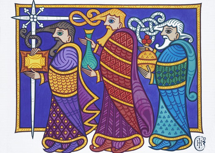 Celtic Christmas Three Kings Magi Wise Men Greeting Card featuring the painting The Three Kings by Ian Herriott