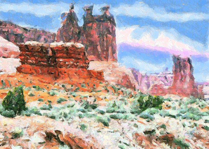  Archres National Monument Moab Utah Water Color Like Print Impressionistic Southwestern Art Southwester Themes Pastel Colors Rugged And Soft Desert Scenery Rock Shapes That Look Like Actual Things And People Greeting Card featuring the digital art The Three Sisters by Annie Gibbons