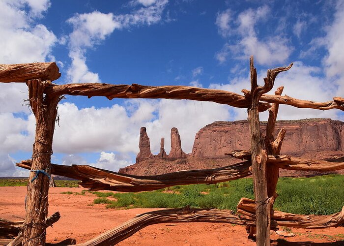 Monument Valley Greeting Card featuring the photograph The three sisters framed - Arizona by Dany Lison