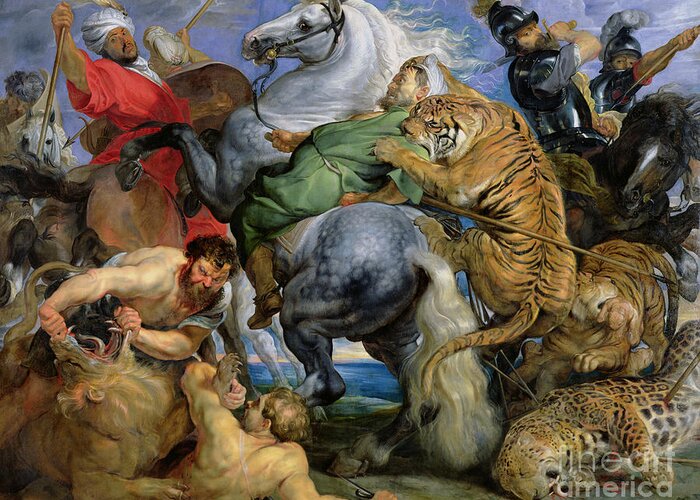 The Greeting Card featuring the painting The Tiger Hunt by Rubens by Rubens