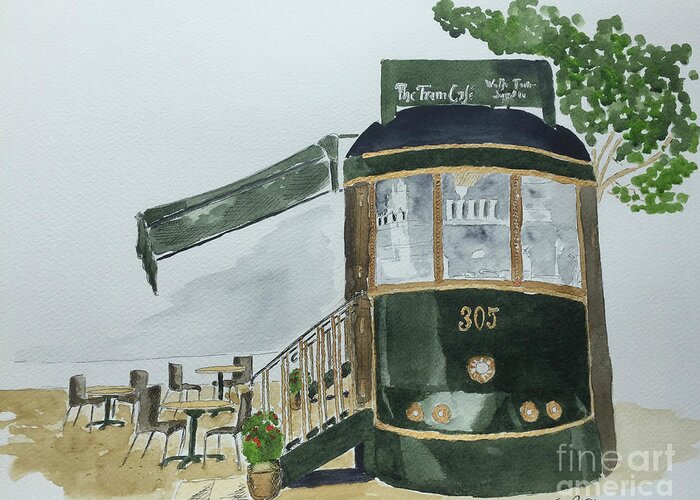 Cafe Greeting Card featuring the painting The Tram Cafe by Eva Ason