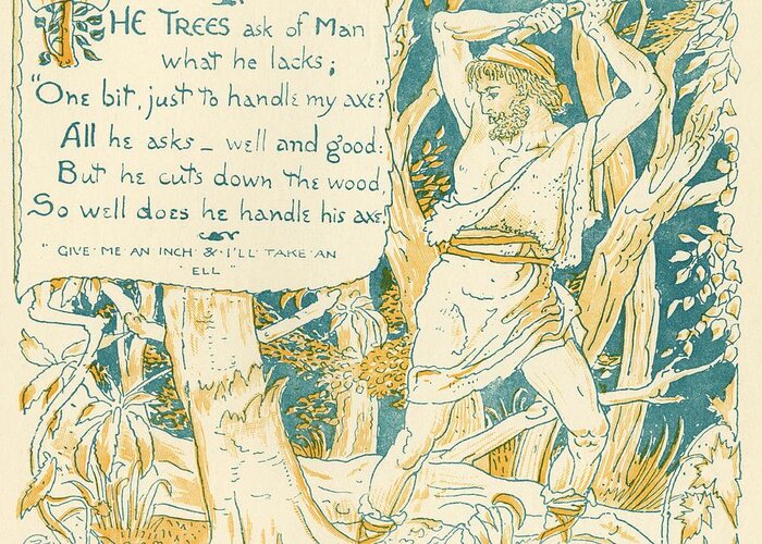 The Woodman Greeting Card featuring the drawing The Trees And The Woodman From The Book by Vintage Design Pics