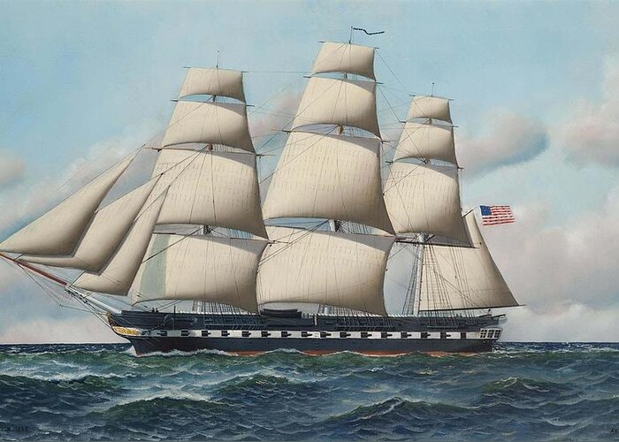 Antonio Nicolo Gasparo Jacobsen (copenhagen 1850-1921 Hoboken Greeting Card featuring the painting The U S S Constitution in full sail by MotionAge Designs