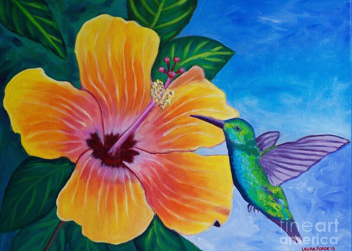 Hibiscus Flower Greeting Card featuring the painting The Visitor by Laura Forde