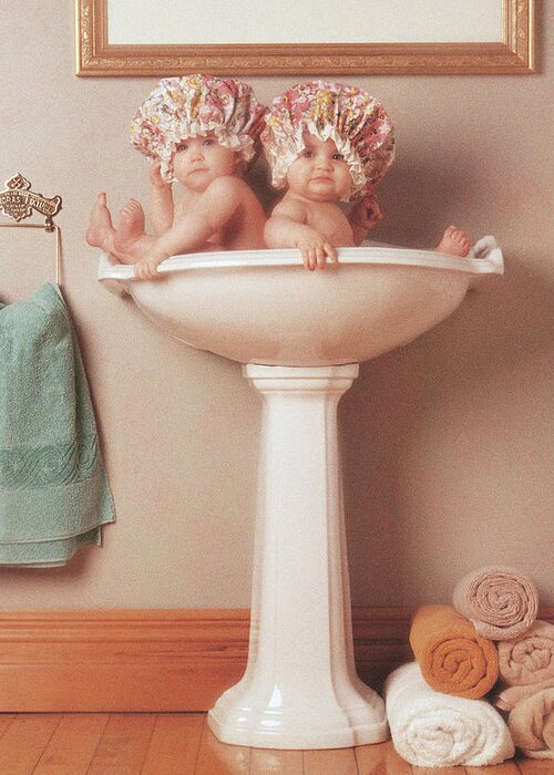Anne Geddes Greeting Card featuring the photograph The Washbasin by Anne Geddes