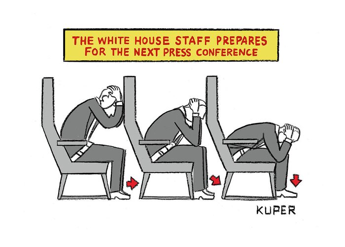 The White House Staff Prepares For The Next Press Conference Greeting Card featuring the drawing The White House Staff Prepares for the Next Press Conference by Peter Kuper