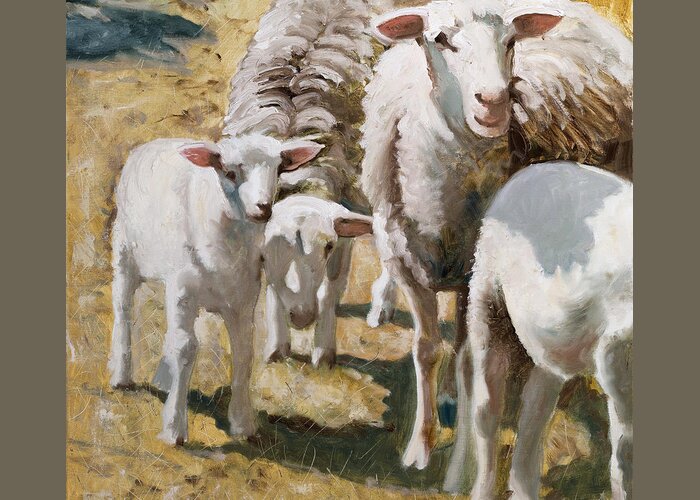 Sheep Greeting Card featuring the painting The Whole Family Is Here by John Reynolds