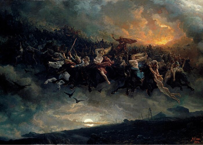 Norse Gods Greeting Card featuring the painting The wild Hunt of Odin by Peter Nicolai Arbo