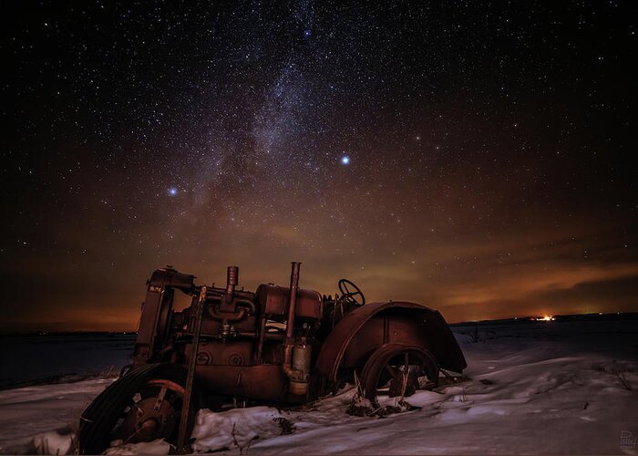 Astro Landscape Scenic Stars Milky Way Winter Antique Tractor Nd Night Night Sky Greeting Card featuring the photograph The Witness by Peter Herman