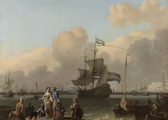 The Y At Amsterdam Greeting Card featuring the painting The Y at Amsterdam with the Frigate De Ploeg  Ludolf Bakhuysen 1680 1708 by Vintage Collectables