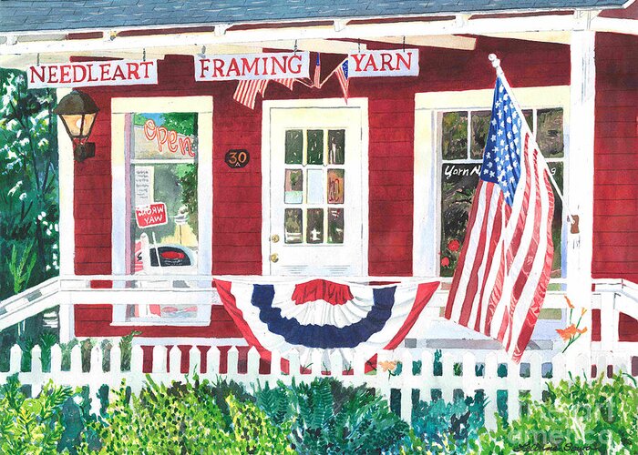 Porch Greeting Card featuring the painting The Yarn Shop by LeAnne Sowa