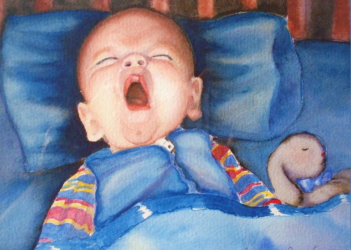 Baby Greeting Card featuring the painting The Yawn by Marilyn Jacobson