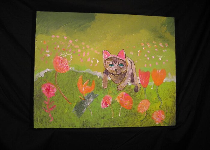 Cat Greeting Card featuring the painting The Year Sped By by AJ Brown