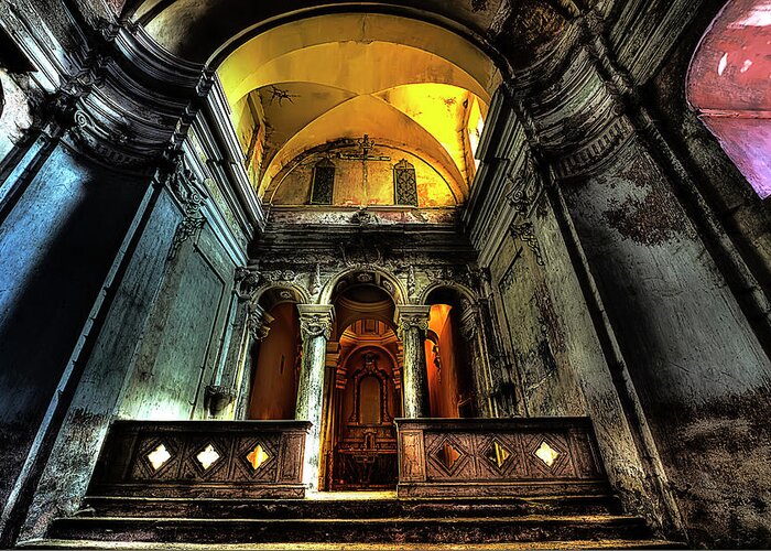 Chiesa Abbandonata Greeting Card featuring the photograph THE YELLOW LIGHT CHURCH 1 - La chiesa della luce gialla 1 by Enrico Pelos
