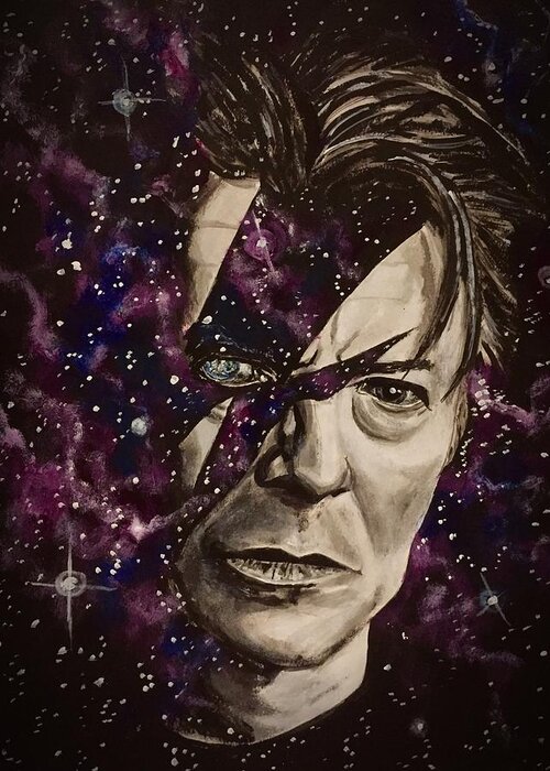 David Bowie Greeting Card featuring the painting There's A Starman Waiting In The Sky by Joel Tesch