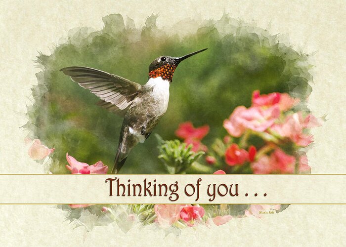 Thinking Of You Greeting Card featuring the mixed media Thinking of You Hummingbird Garden Jewel Greeting Card by Christina Rollo