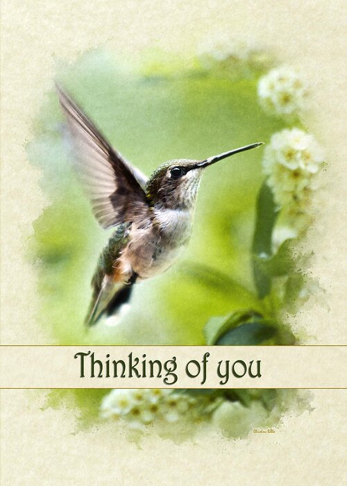 Thinking Of You Greeting Card featuring the mixed media Thinking of You Peaceful Love Hummingbird Greeting Card by Christina Rollo