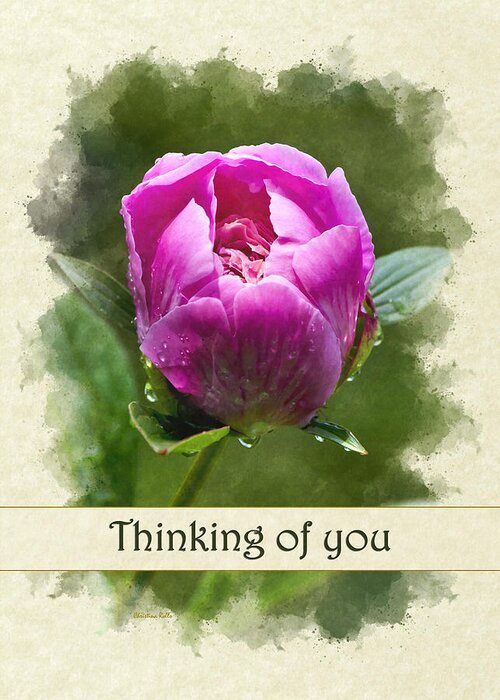 Thinking Of You Greeting Card featuring the mixed media Thinking of You Pink Peony Flower Greeting Card by Christina Rollo