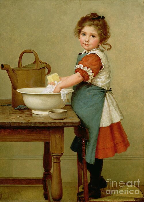 This Is The Way We Wash Our Clothes (oil On Canvas) By George Dunlop Leslie (1835-1921) Learning; Mother; Teaching;child; Washing; Laundry; Girl; Basin; Scrubbing; Chore; Domestic Scene; Soap; Watering Can; Apron; Girl Greeting Card featuring the painting This Is the Way We Wash Our Clothes by George Dunlop Leslie