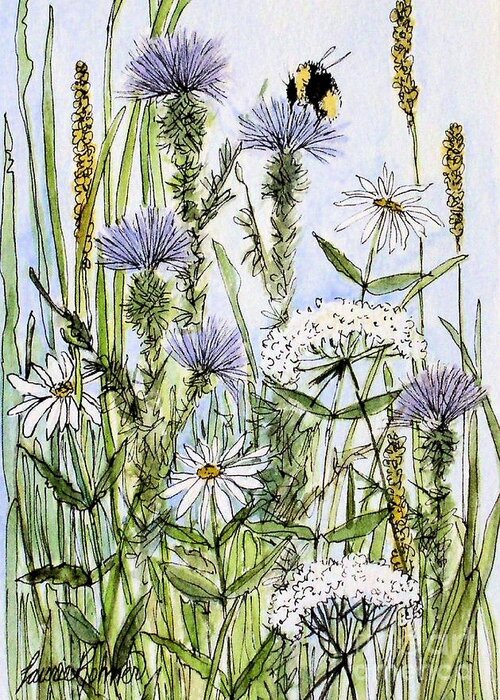 Painting Greeting Card featuring the painting Thistles Daisies and Wildflowers by Laurie Rohner
