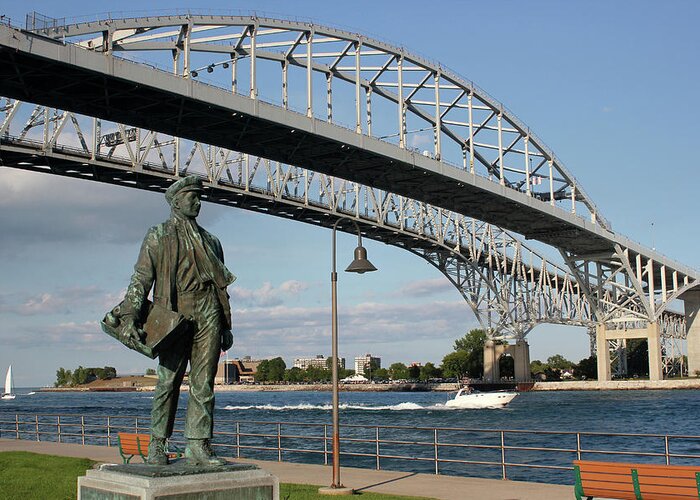 Statue Greeting Card featuring the photograph Thomas Edison and Blue Water Bridge 1 by Mary Bedy
