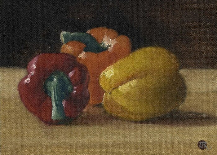 Garden Greeting Card featuring the painting Three Bell Peppers by John Reynolds