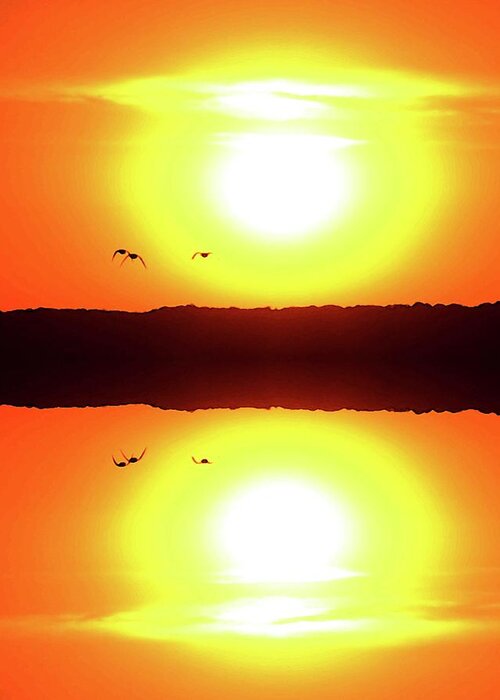 Abstract Greeting Card featuring the digital art Three Birds Flying At Sunrise Five by Lyle Crump