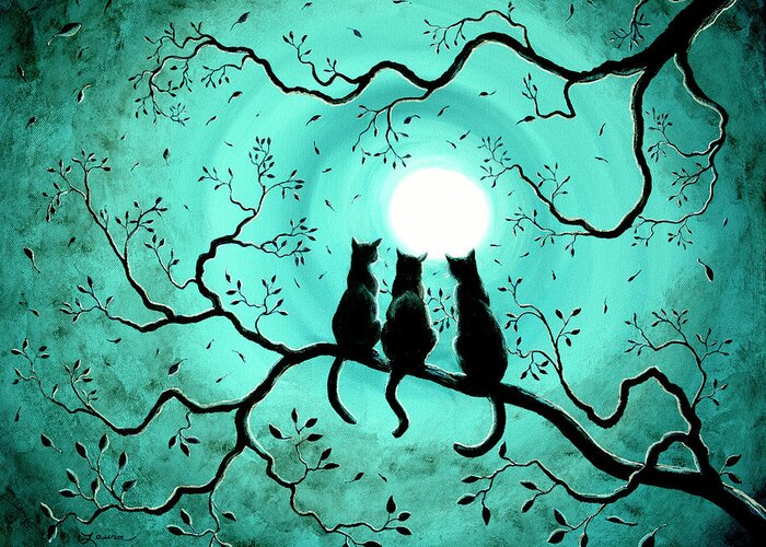 Black Greeting Card featuring the painting Three Black Cats Under a Full Moon by Laura Iverson